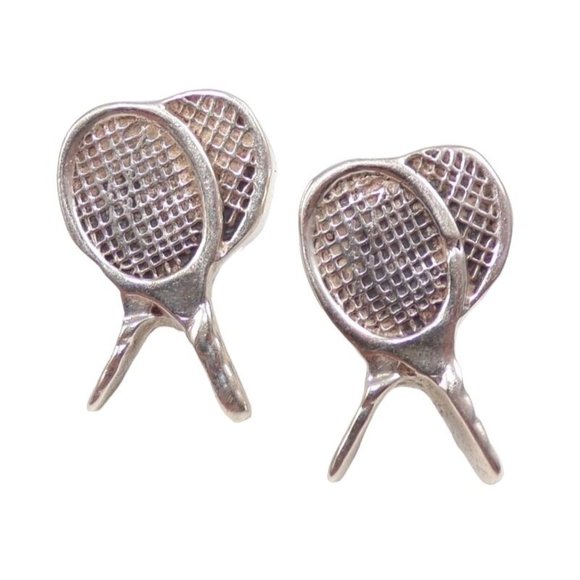 Sterling Silver Pair of Tennis Rackets Sport Post Earrings - Picture 1 of 4